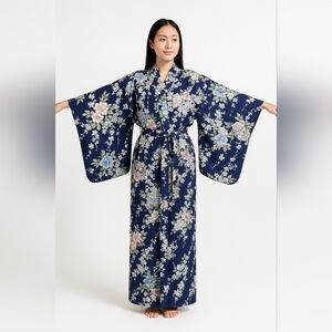 WOMEN'S YUKATA ROBE JAPANESE SUMMER KIMONO CHERRY BLOSSOM NAVY OS
